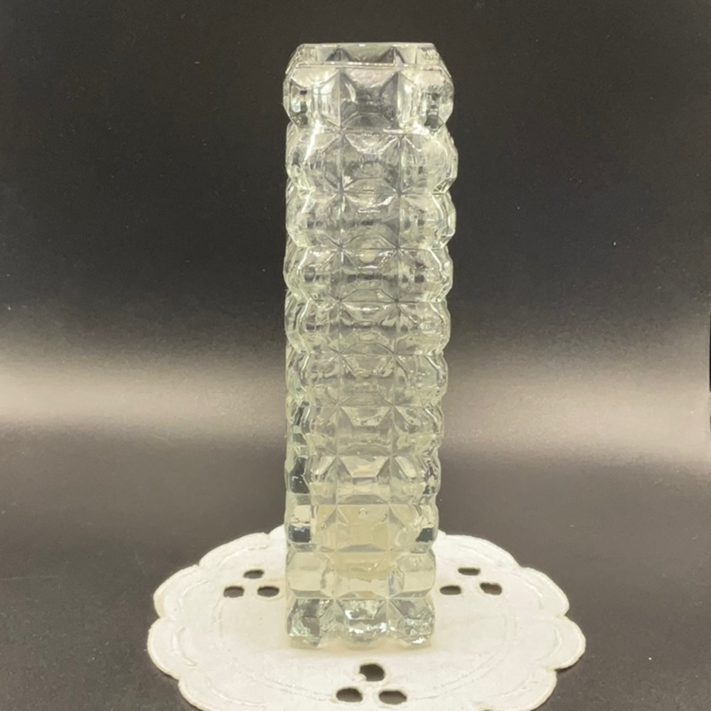 Vintage diamond pattern clear glass bud vase.